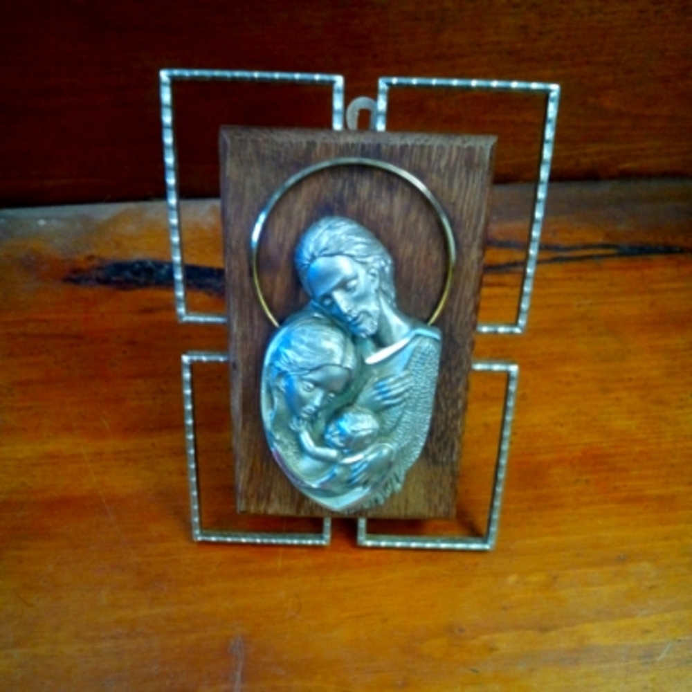Vintage Italian Holy Family Metal Pewter Teakwood Plaque Mid Century